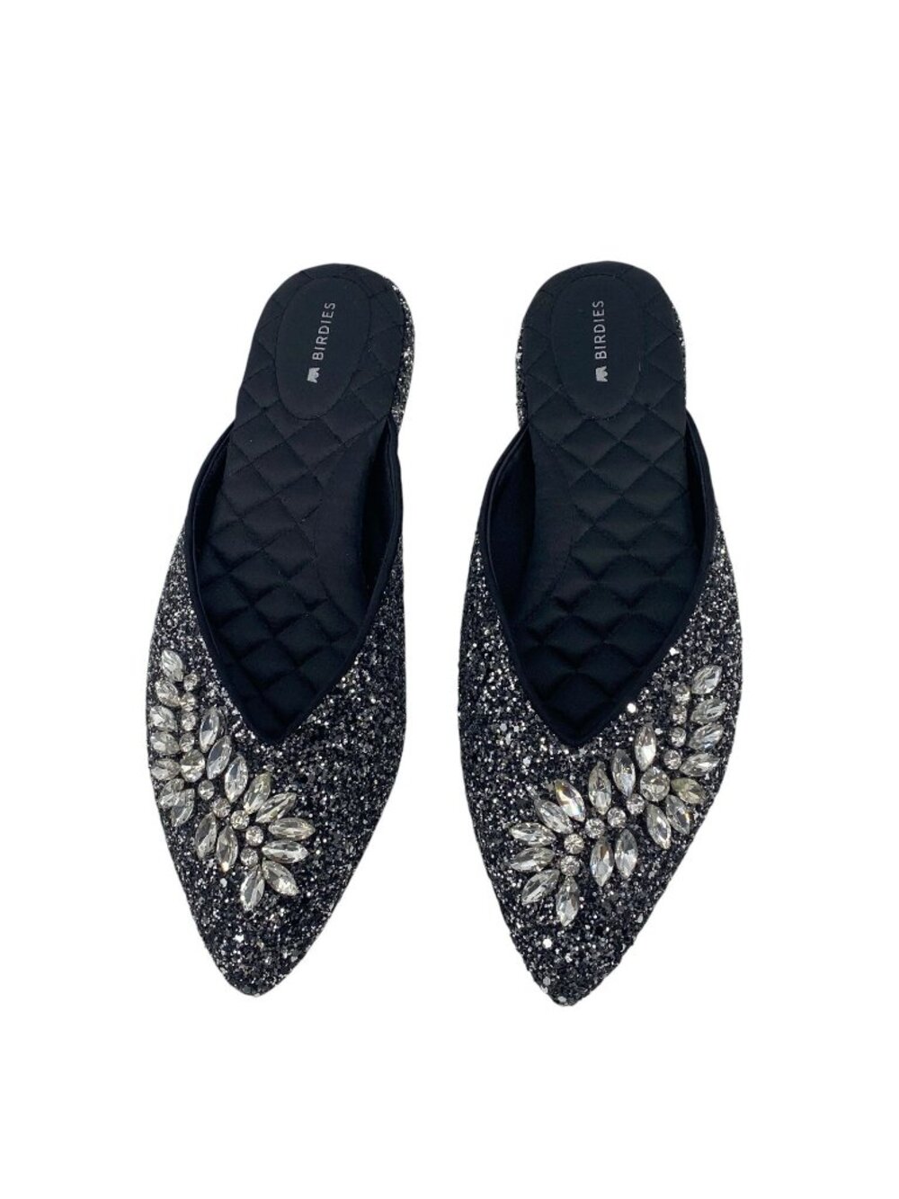 BIRDIES The Swan Women's Sz 8.5 Jeweled Gunmetal Elegant Glittery Slip-On Mules